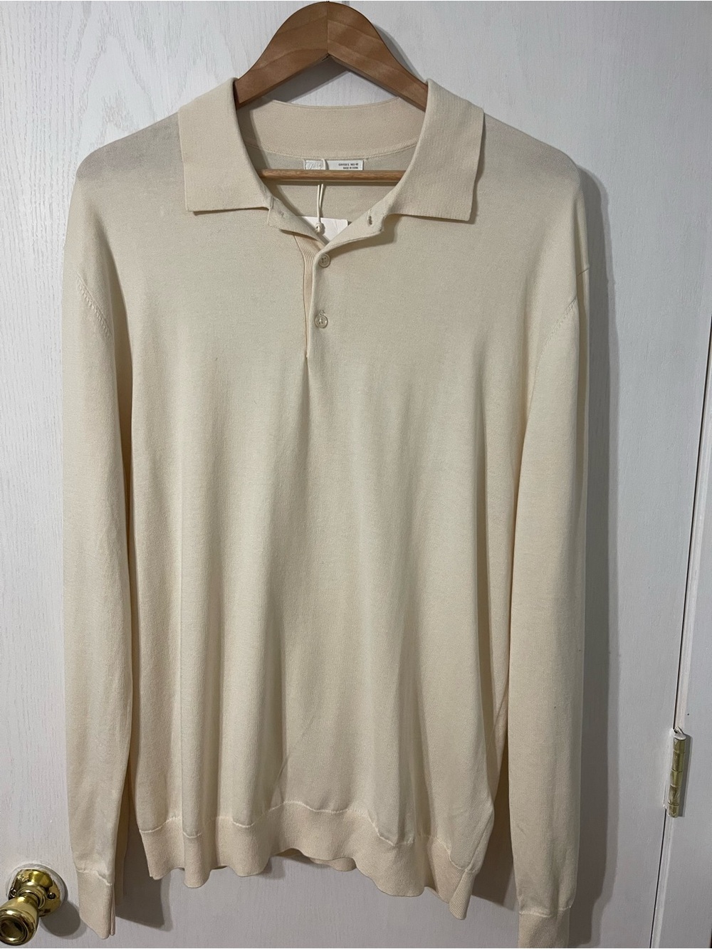 Zara Men's L Cream Long-Sleeve Polo Shirt